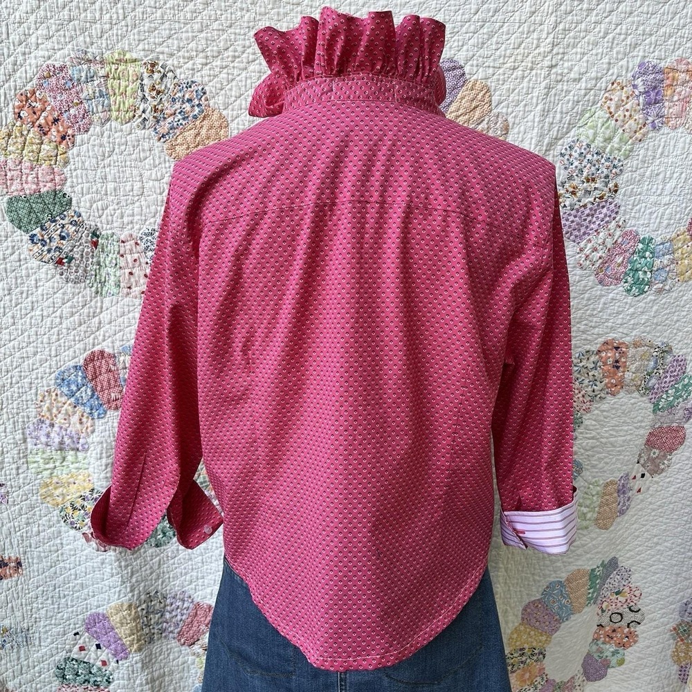 Upcycled Re-worked Talbots Hot Pink Polka Dot Fitted Ruffle Collar Shirt L - Picture 6 of 11